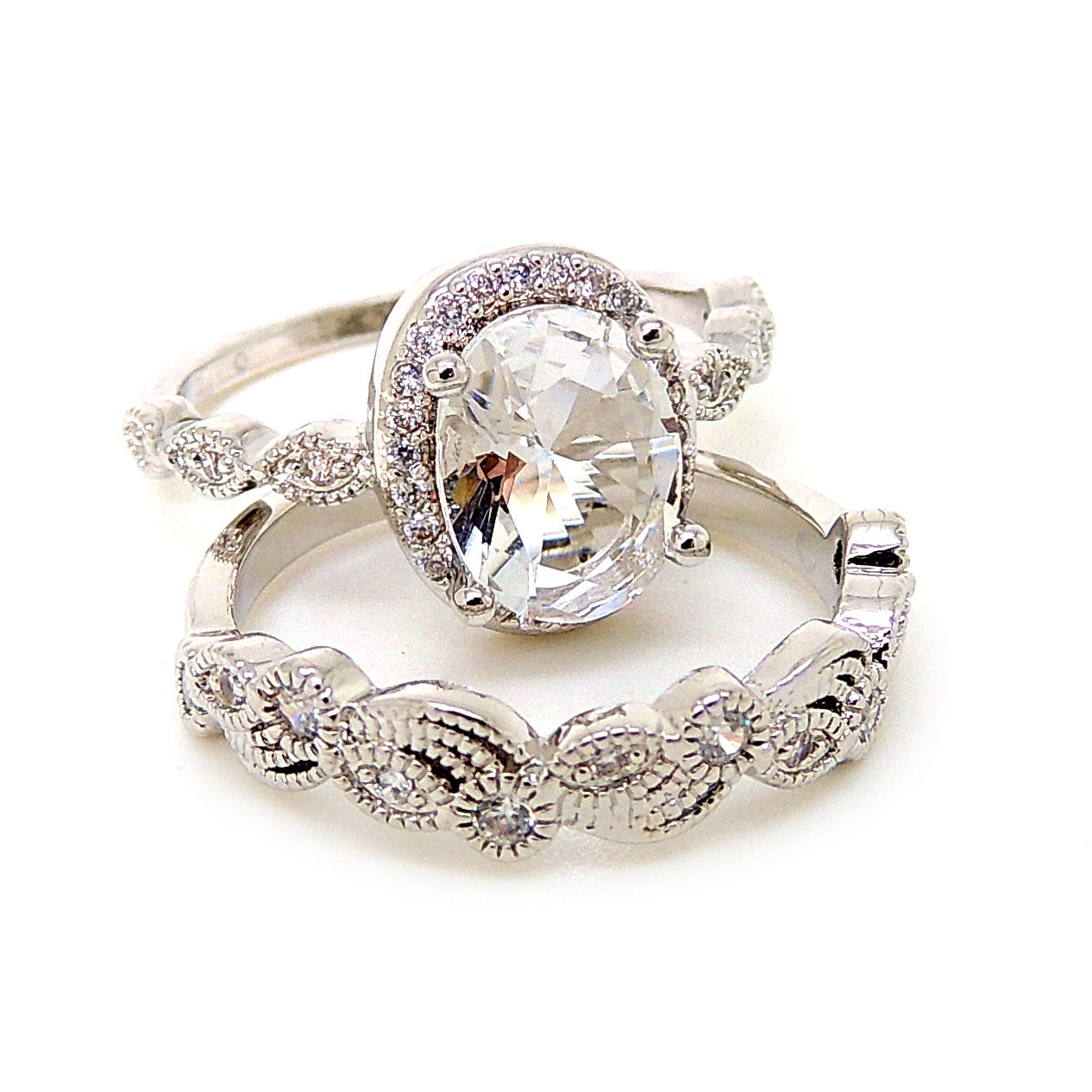 Amara Bridal Set Sterling Silver Cz Engagement Ring Wedding Band Ginger Lyne Collection - silver,6