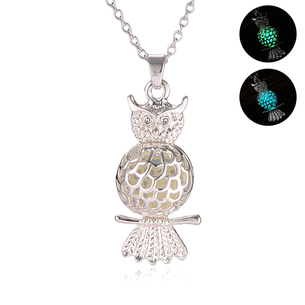 Owl Glow in Dark Necklace Silver Plated Women Ginger Lyne Collection - Blue