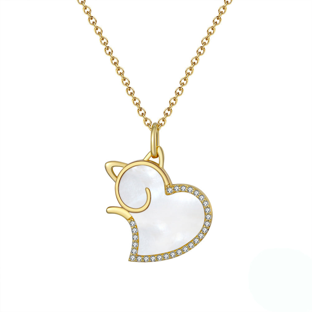 Cat Heart Pendant Necklace Natural Seashell CZ Gold Over Sterling Silver Ginger Lyne - Gold
