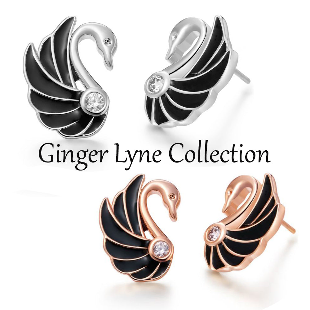 Swan Stud Earrings Black Gold Plate Girls Women Ginger Lyne Collection - Gold