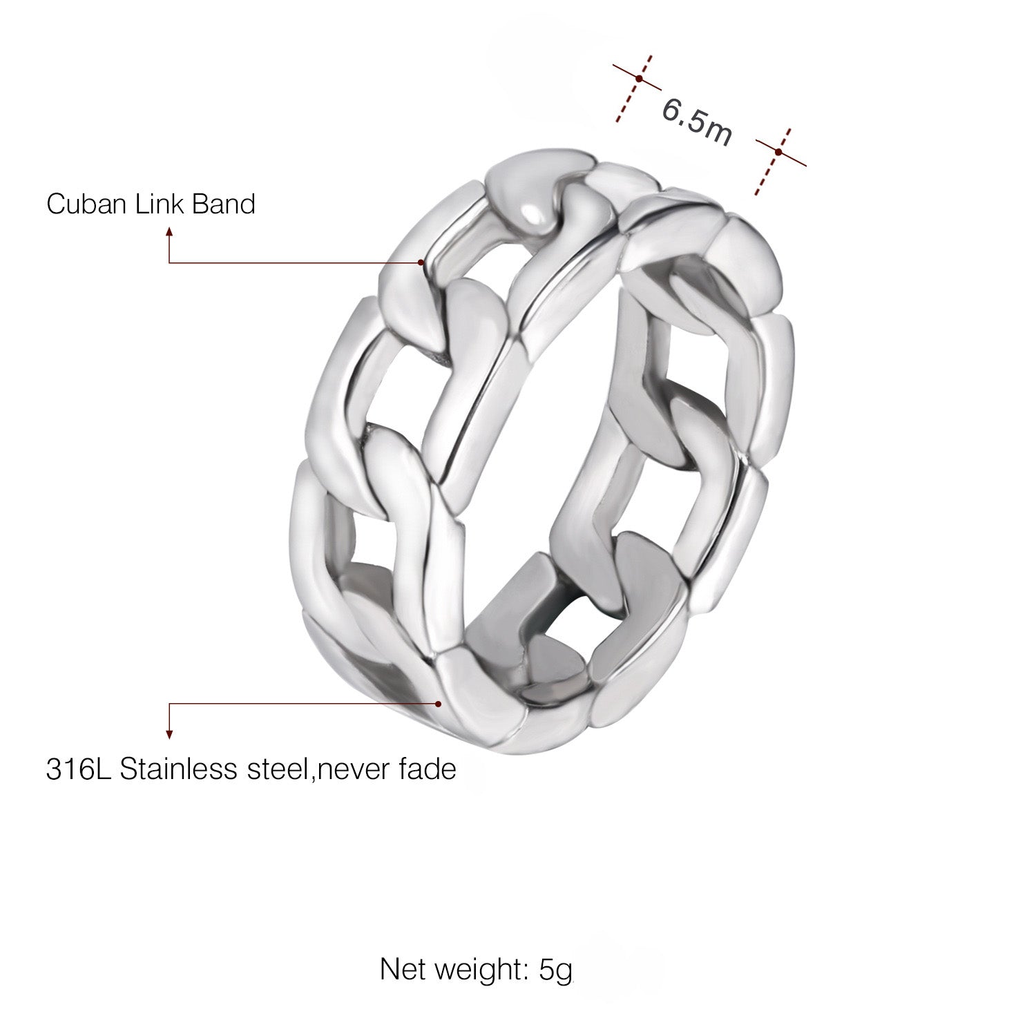 Chain Wedding Band 6.5mm Stainless Steel Men Women Ginger Lyne Collection - 10