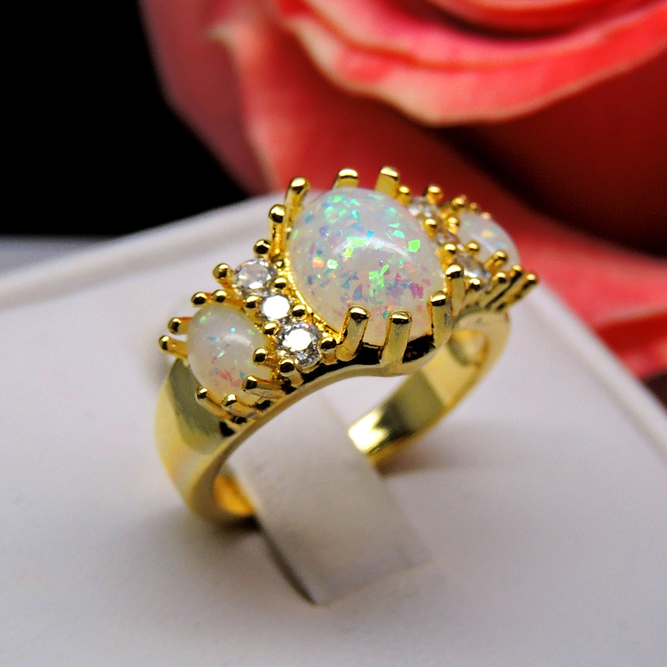 Posh Statement Ring 3 Stone Oval Created Fire Opal Womens Ginger Lyne - 10