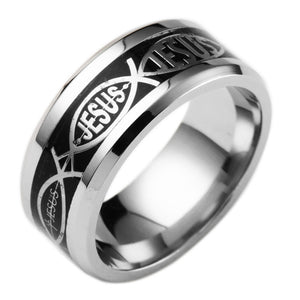 Jesus Black Wedding Band Ring Stainless Steel Mens Womens Ginger Lyne Collection - 14