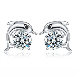 Dolphin Small Cubic Zirconia Stud Earrings for Women Girls Ginger Lyne - White Gold Plated