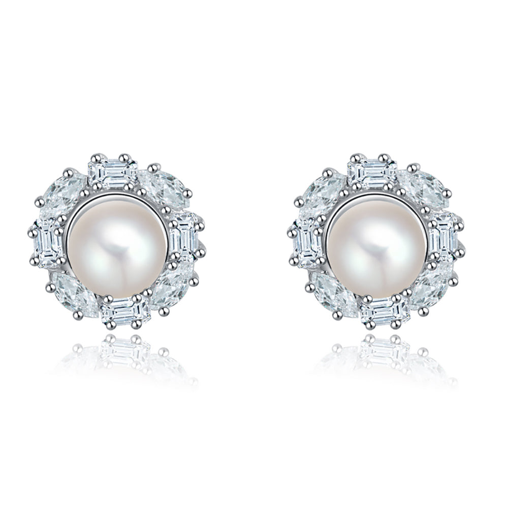 Baguette Cut Stud Earrings for Women Cubic Zirconia Simulated Pearl Ginger Lyne Collection - Silver