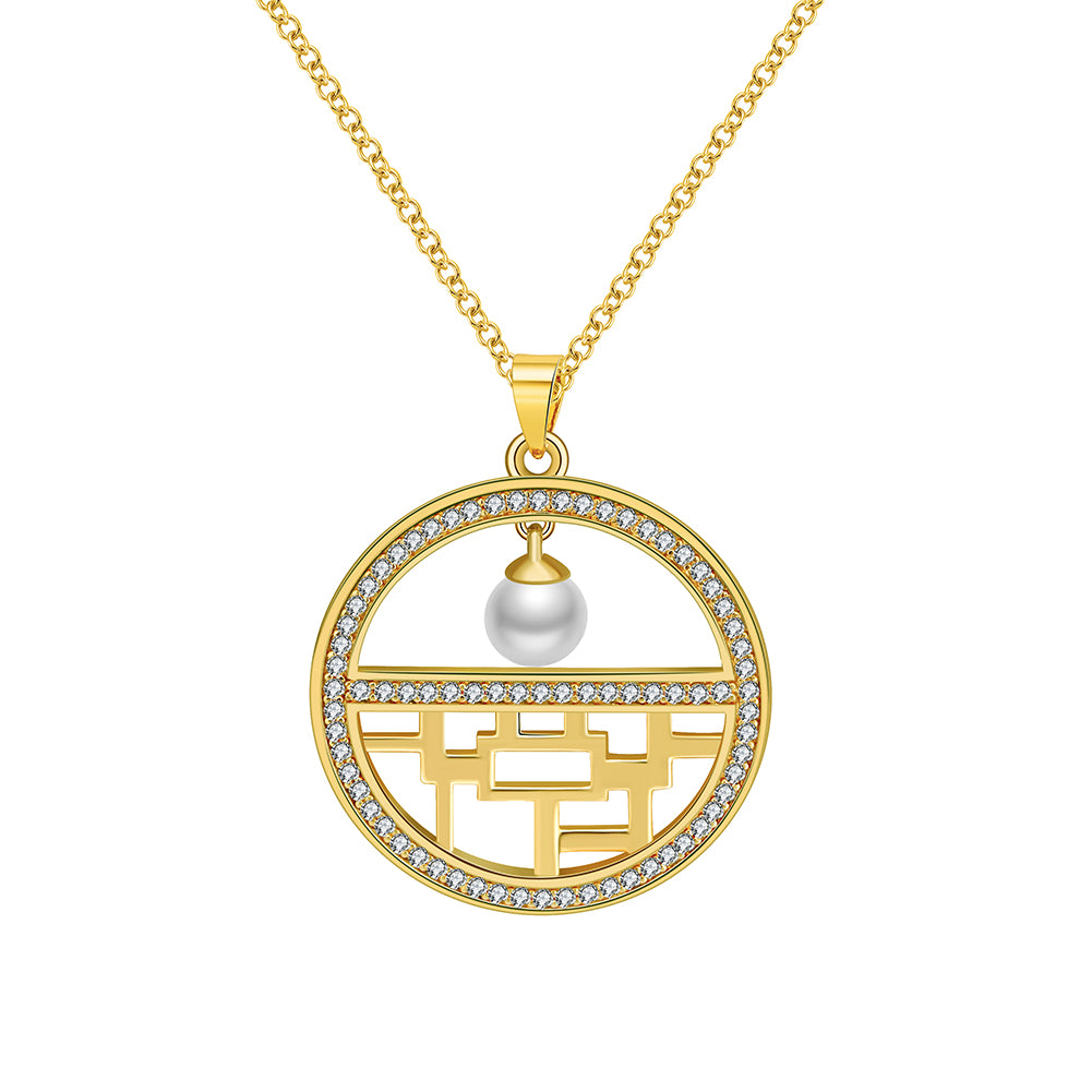 Flower Window Pattern Pendant Necklace for Women Cz Simulated Pearl Ginger Lyne Collection - Yellow Gold