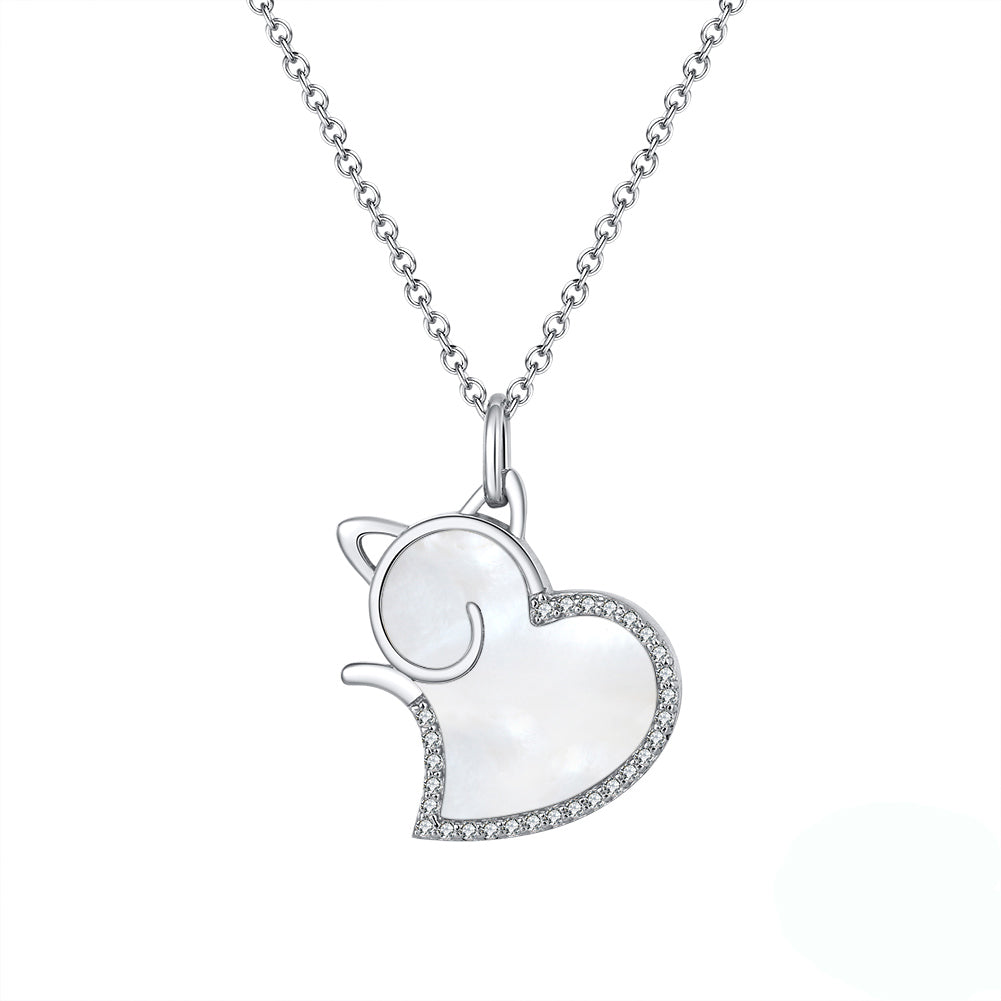 Cat Heart Pendant Necklace Natural Seashell CZ Sterling Silver Ginger Lyne - Silver