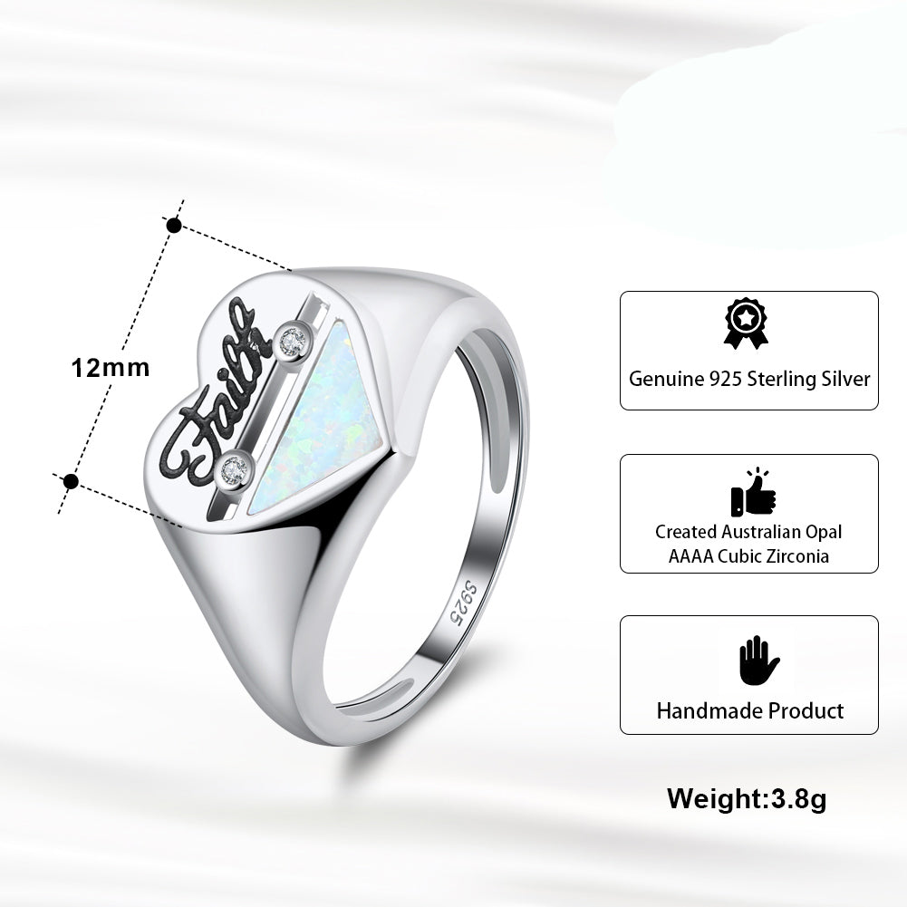 Heart Ring Engraved Faith Created Fire Opal Sterling Silver by Ginger Lyne - 6