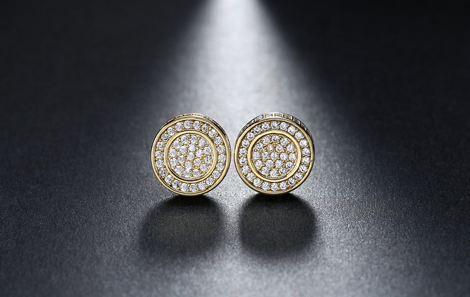 Round Stud 3D CZ Iced Out Gold Plated Earrings Womens Ginger Lyne - Gold
