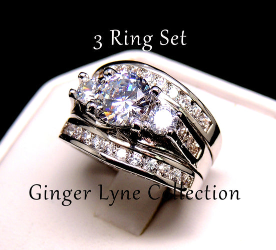 Carli Bridal Set Cz Womens 3 Stone Engagement Ring Band Ginger Lyne - 11