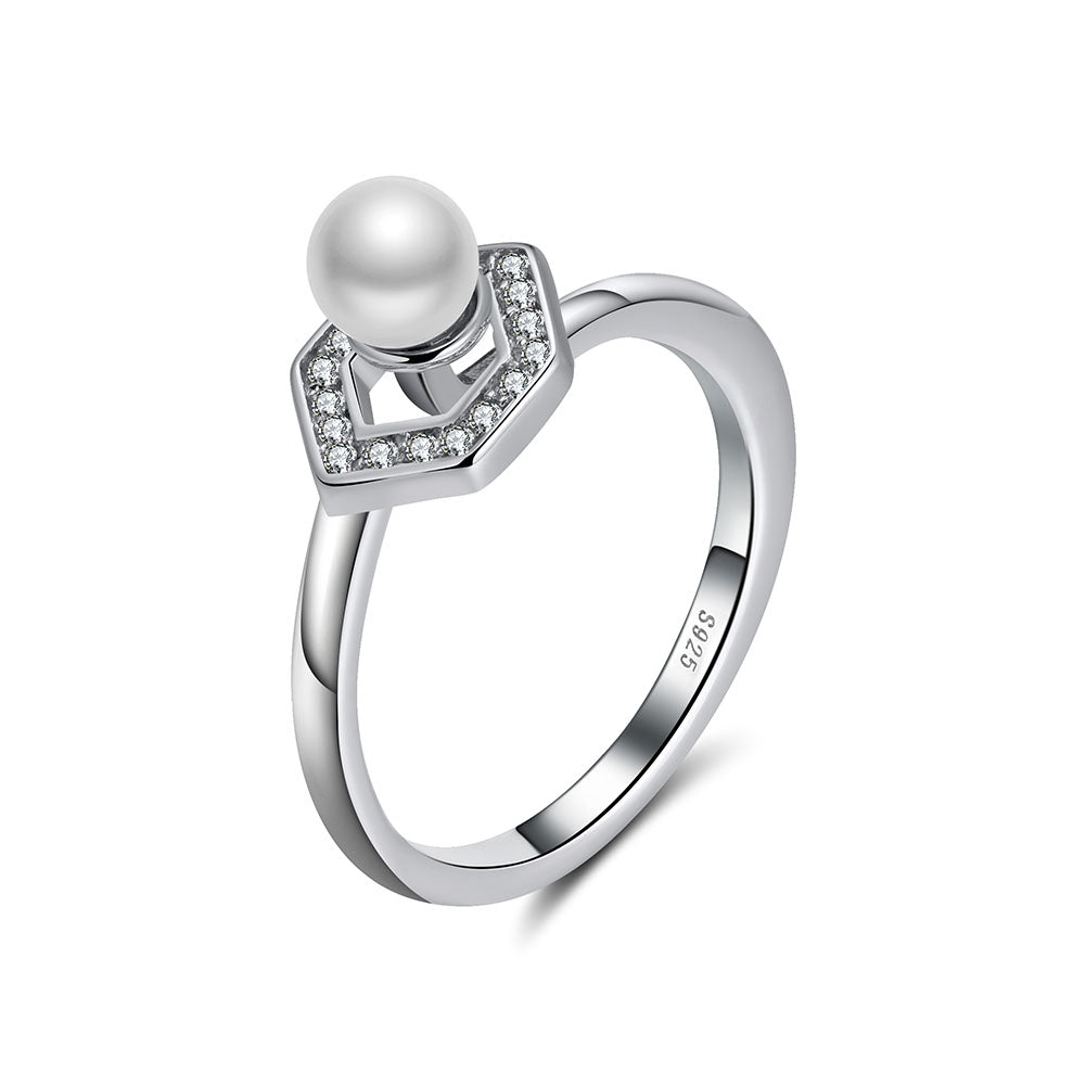 Halo Pearl Engagement Ring Sterling Silver Clear Cz Womens Ginger Lyne - 8