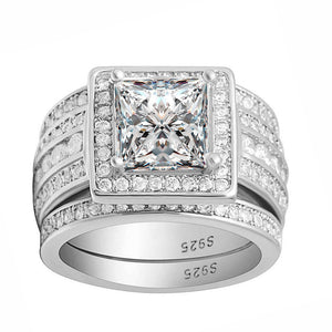 Beverly Bridal Set Halo Sterling Silver Engagement Ring Black Wedding Bands Ginger Lyne Collection - White Gold over Silver,5