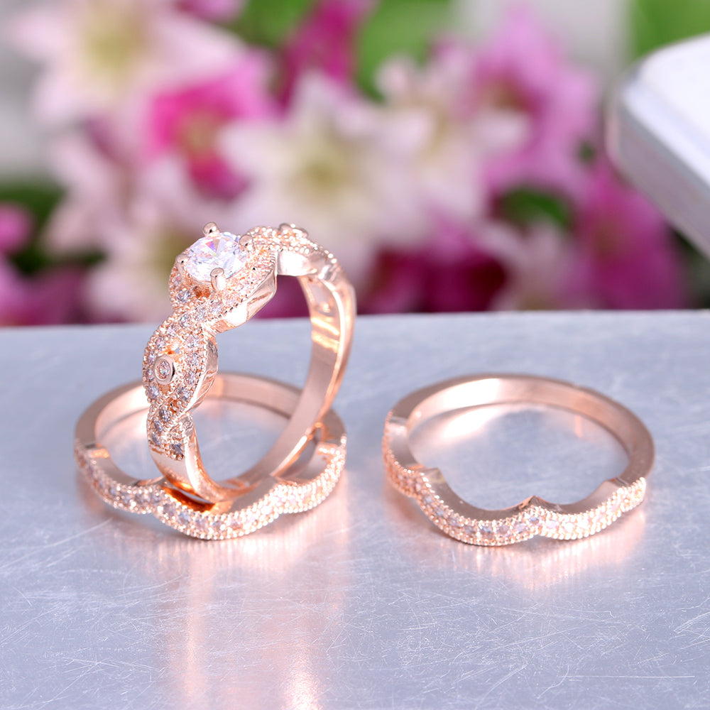 Rose Bridal Set Gold Plate 3pc Engagement Ring Band Womens Ginger Lyne Collection Size 11 - Gold,11