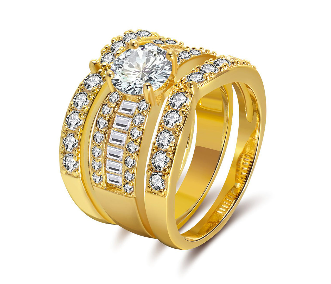 Enchanment Bridal Set 3pcs Cz Engagement Ring Band Womens Ginger Lyne - gold,11