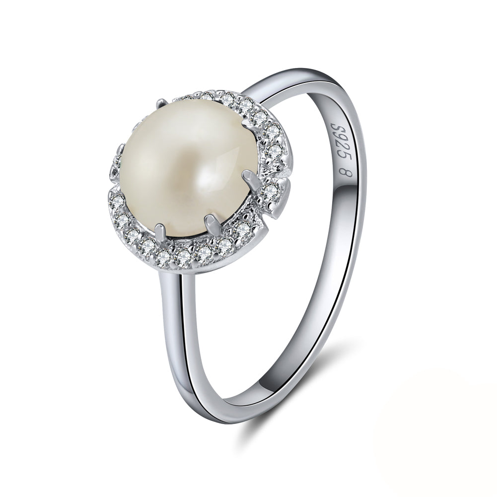 Round Pearl Statement Ring Sterling Silver Zirconia Womens Ginger Lyne - Pearl,7
