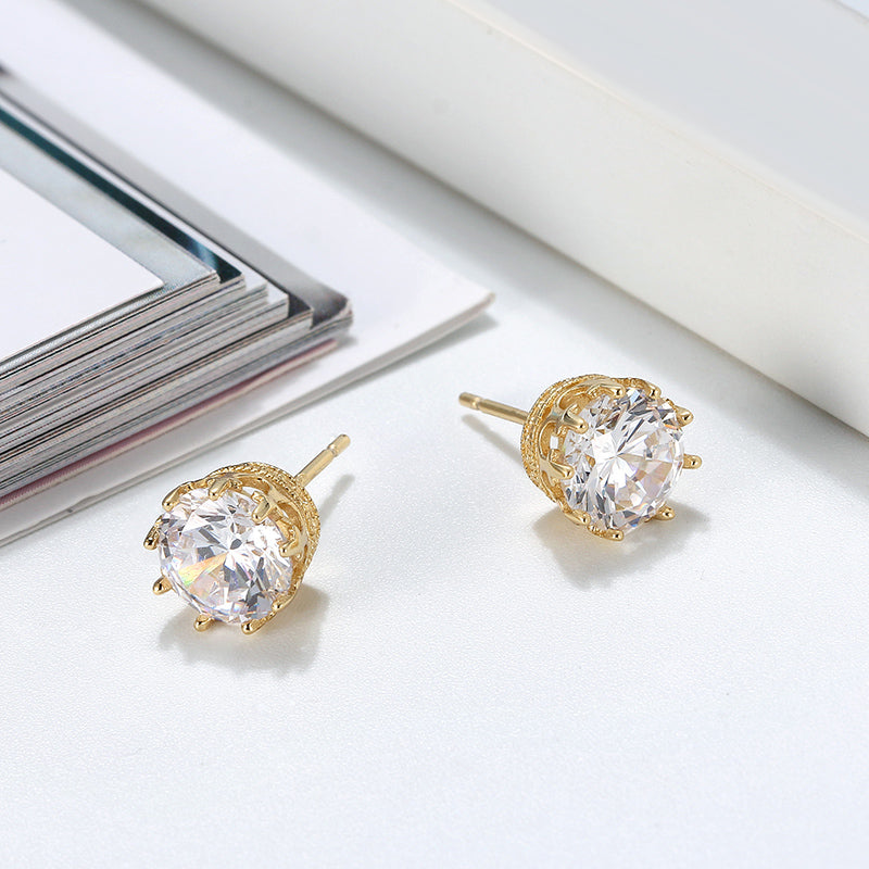 Crown Stud Earrings for Women 8mm Round Cz Gold Sterling Silver Ginger Lyne Collection - Yellow Gold