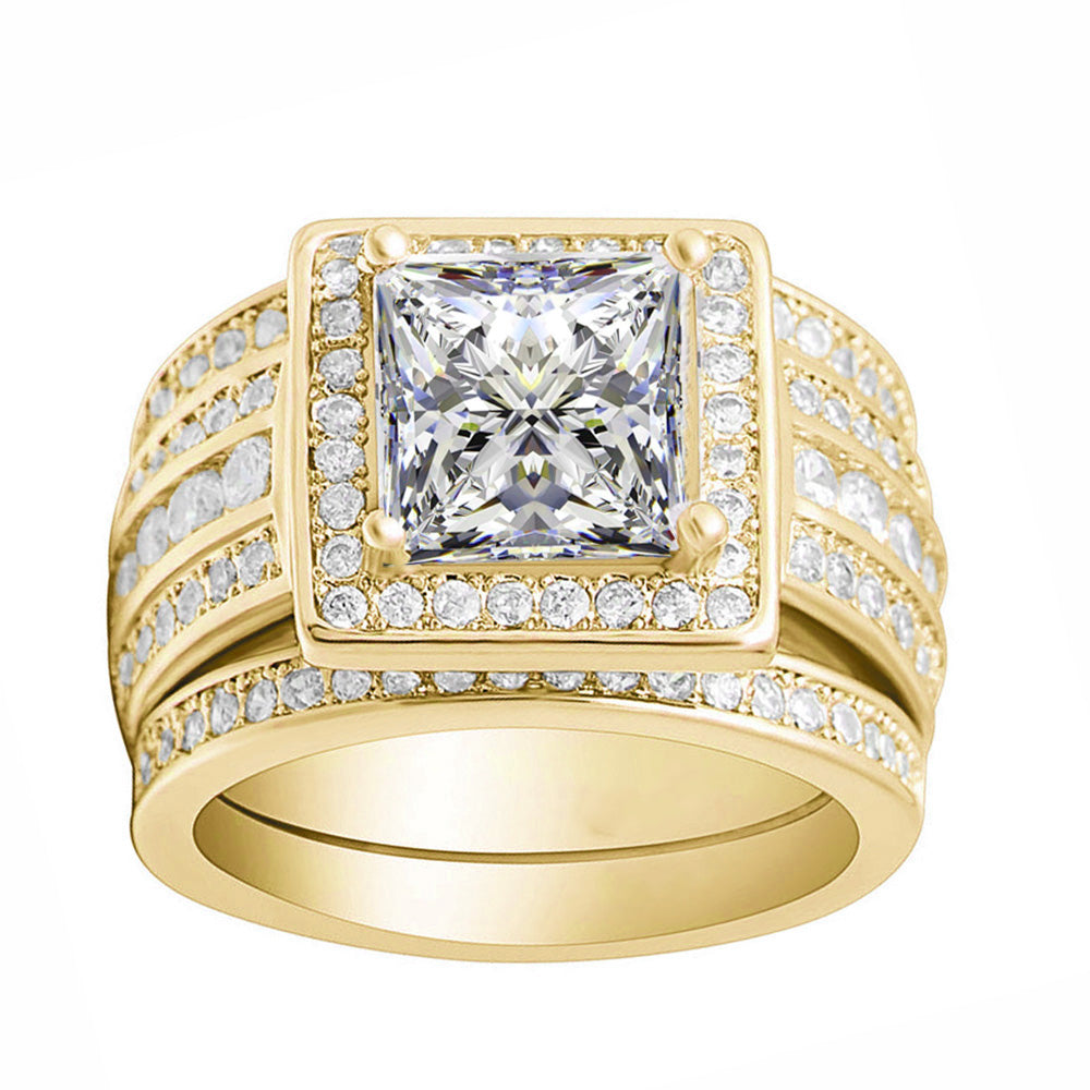 Beverly Halo 3 Ring Bridal Set Engagement 2 Wedding Bands Ginger Lyne - Gold,5