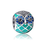 Load image into Gallery viewer, Owl Charm European Bead Blue CZ Sterling Silver Green Enamel Ginger Lyne - Owl-60
