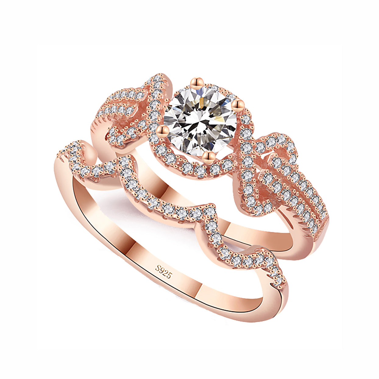 Rose Gold Bridal Ring Set Sterling Silver Engagement Women Ginger Lyne - 9
