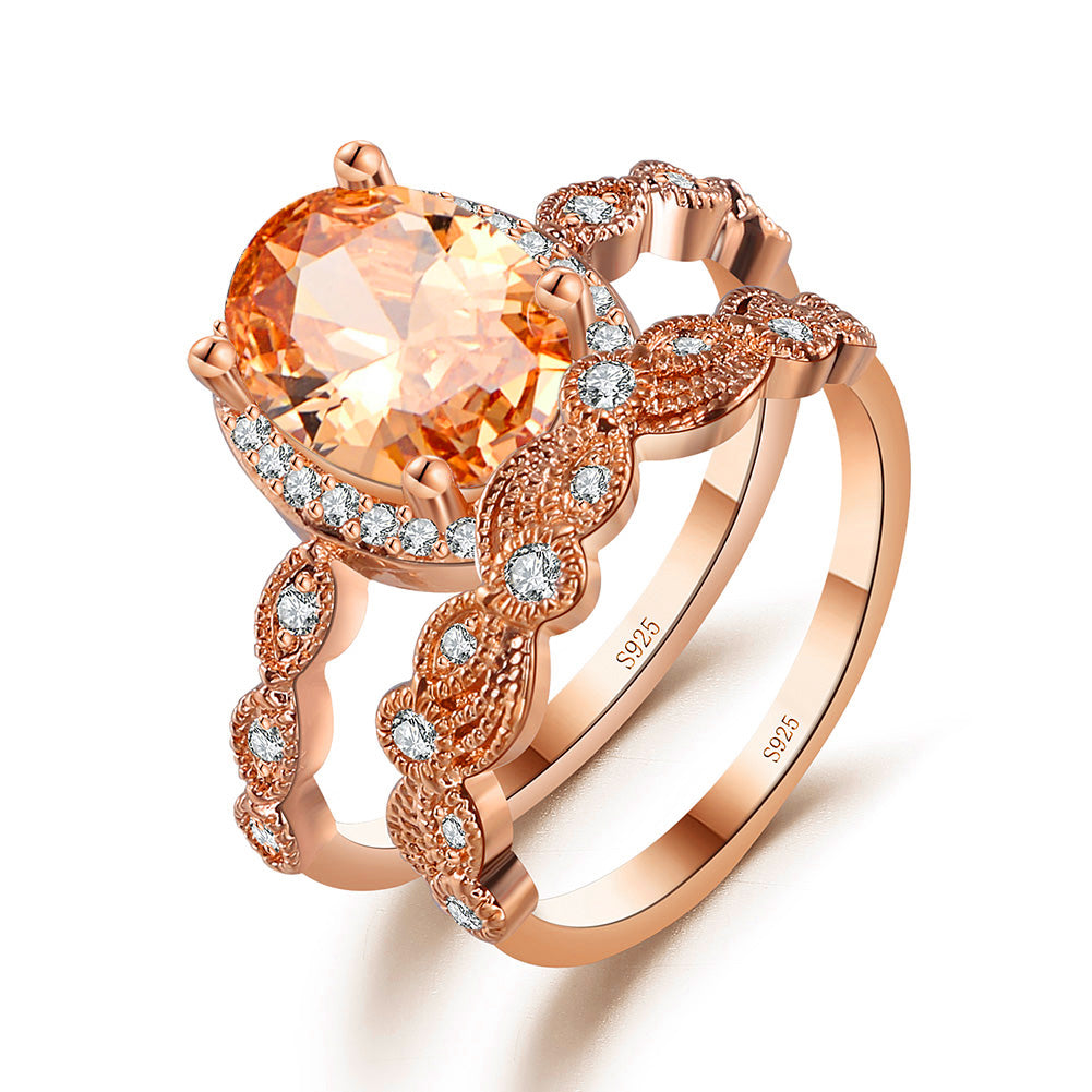 Amara Bridal Set Rose Sterling Silver Cz Engagement Ring Wedding Band - Rose Gold,6