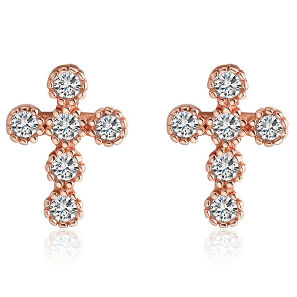 Cross Stud Earrings for Women or Girls Cz Rose Gold Sterling Silver Ginger Lyne Collection - Rose Gold