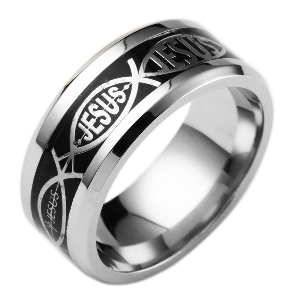 Jesus Black Wedding Band Ring Stainless Steel Mens Womens Ginger Lyne Collection - 8