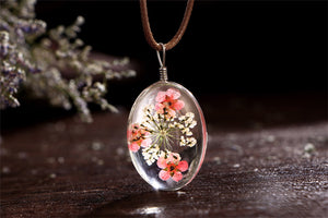 Dried Flower Clear Oval Pendant PU Leather Necklace Women Ginger Lyne - Pink