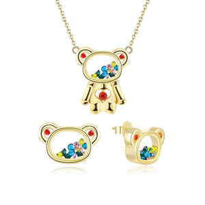 Floating CZ Bear Necklace Earrings Set Gold Over Sterling Silver Girls Ginger Lyne - Set