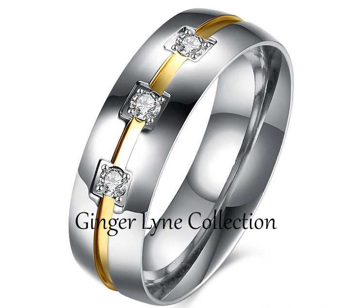 Thomas Wedding Ring Band Gold Stainless Steel Men Women CZ Ginger Lyne - 10