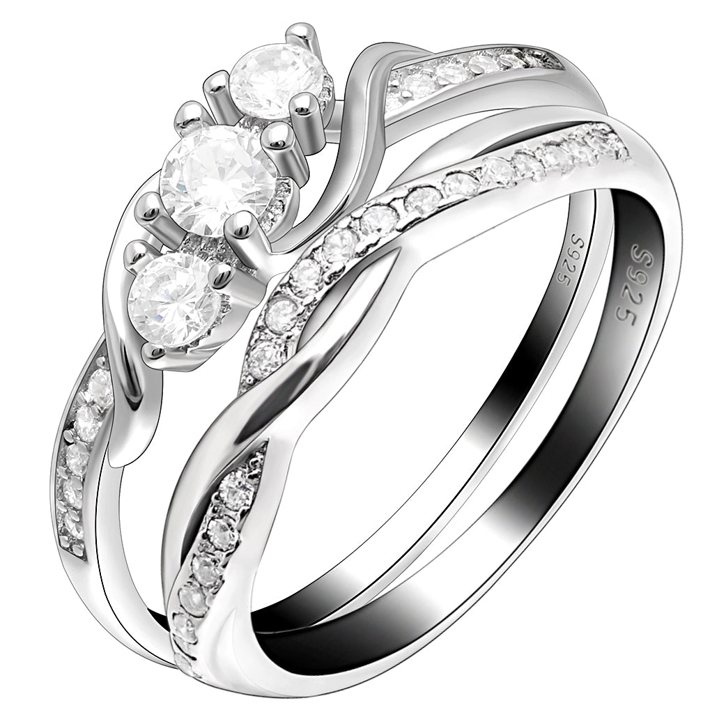 Lydia Bridal Set Women Sterling Silver 3 Stone Engagement Ring Ginger Lyne - 8