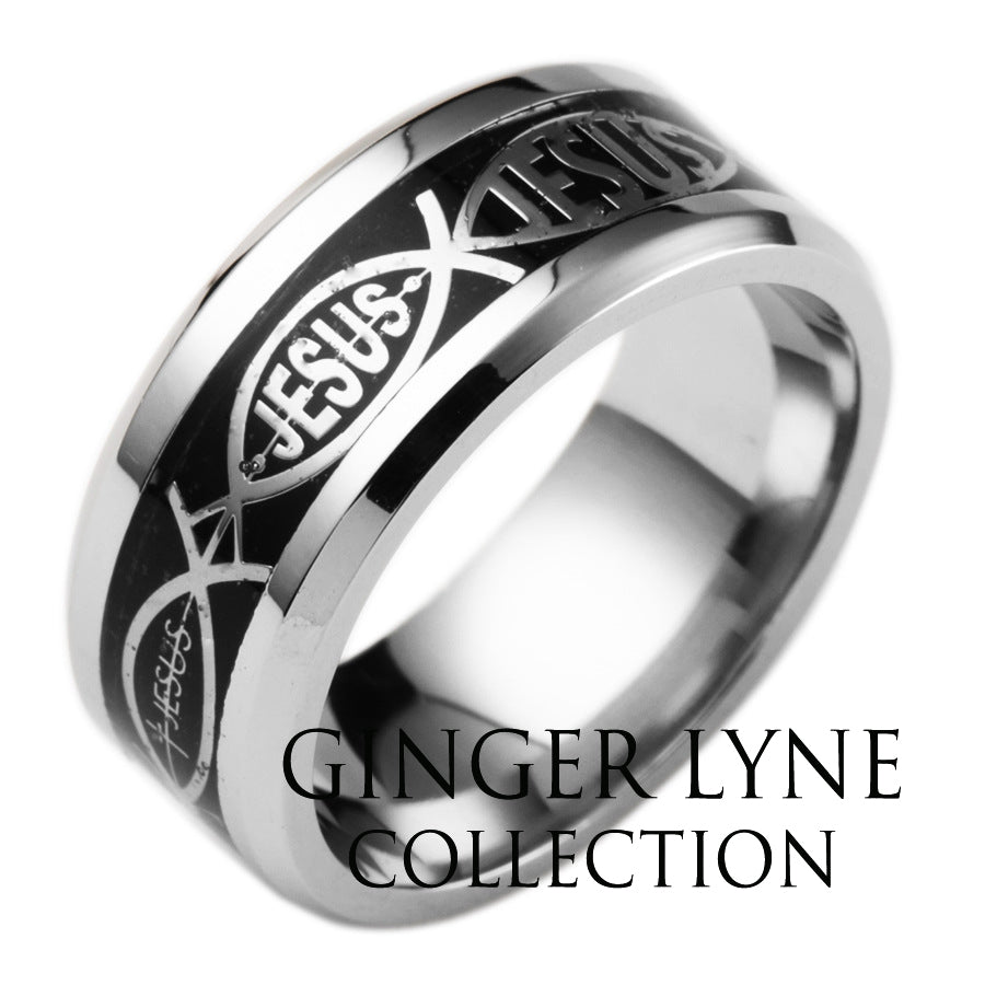 Jesus Black Wedding Band Ring Stainless Steel Mens Womens Ginger Lyne Collection - 10.5
