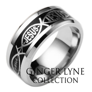 Jesus Black Wedding Band Ring Stainless Steel Mens Womens Ginger Lyne - 10.5