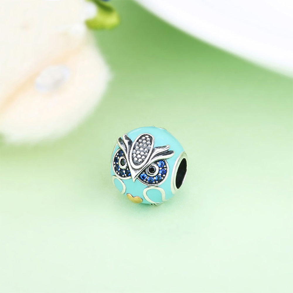 Owl Charm European Bead Blue CZ Sterling Silver Ginger Lyne Collection - Owl-107
