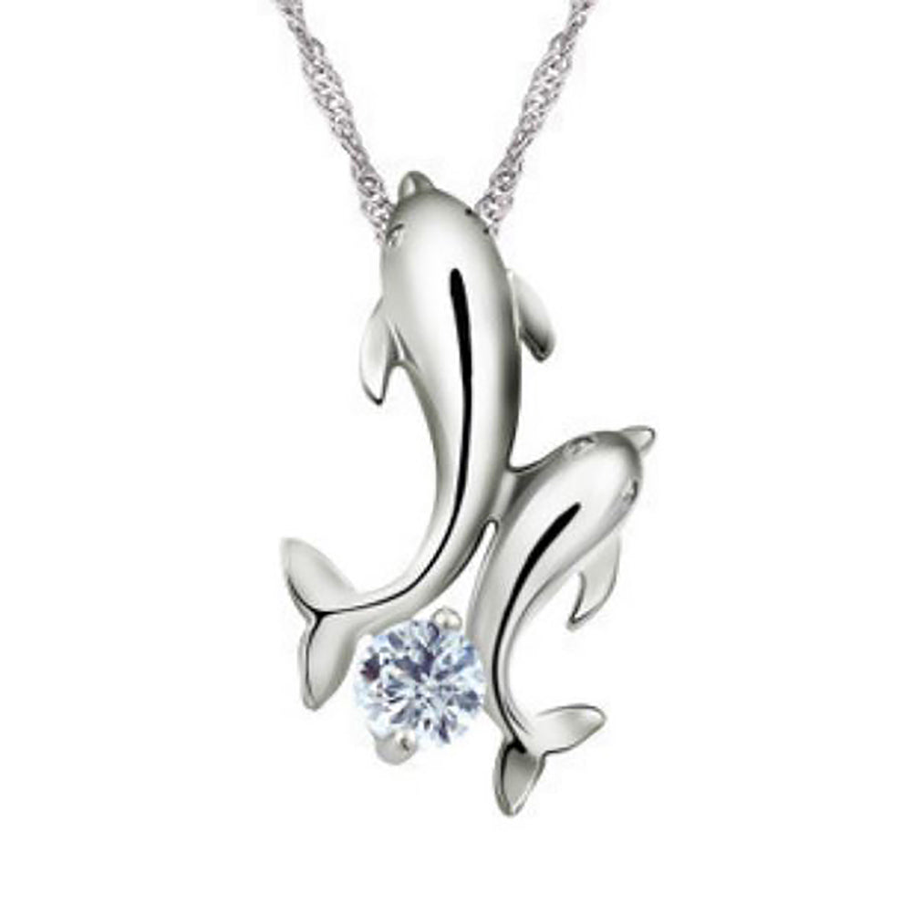 Dolphins Pendant Necklace Sterling Silver Girls Women Cz Ginger Lyne - Sterling Silver