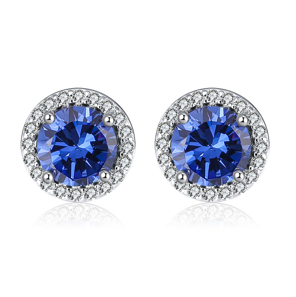 Round Halo Stud Earrings Sterling Silver Blue Cz Womens Ginger Lyne - Blue