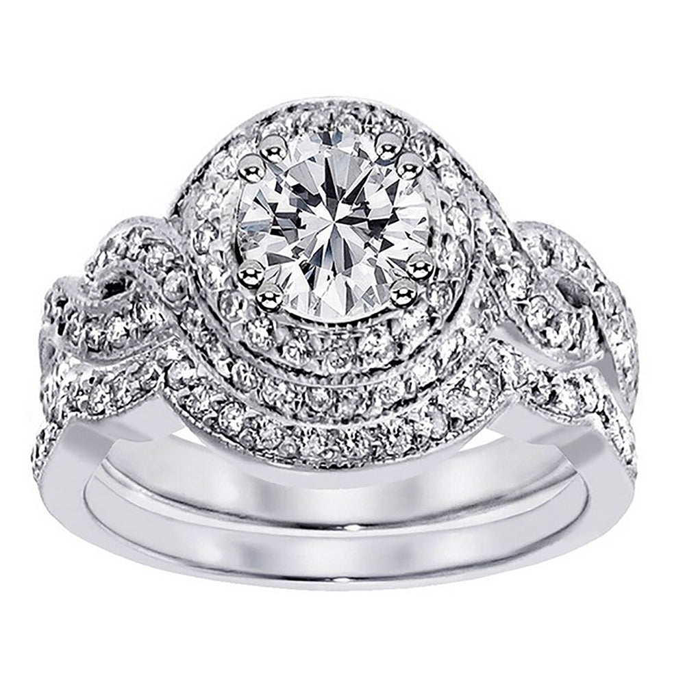 Bobbi Halo Pave Bridal Engagement Wedding Band Ring Set Ginger Lyne - 9