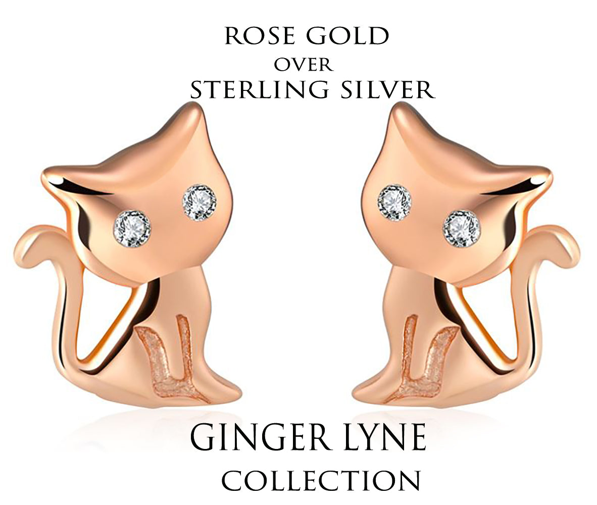 Kitty Cat Stud Earrings Rose Gold Sterling Silver Cz Girls Ginger Lyne - Rose Gold