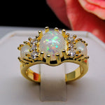 Load image into Gallery viewer, Posh Statement Ring 3 Stone Oval Created Fire Opal Womens Ginger Lyne - 10
