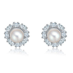 Baguette Cut Stud Earrings for Women Cubic Zirconia Simulated Pearl Ginger Lyne Collection - Rose Gold
