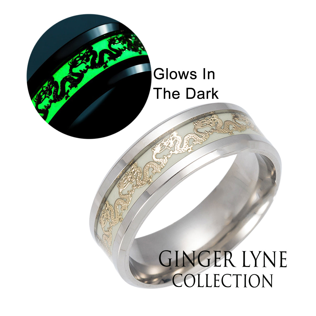 Glow in Dark Dragon Black Steel Wedding Band Ring Men Women Ginger Lyne - Black,10