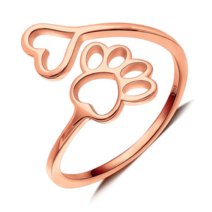 Dog Paw Print Heart Adjustable Ring Sterling Silver Womens Ginger Lyne Collection - Rose