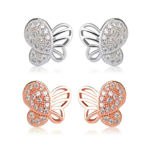 Butterfly Stud Earrings Gold Plated Cubic Zirconia for Girls and Women - Gold