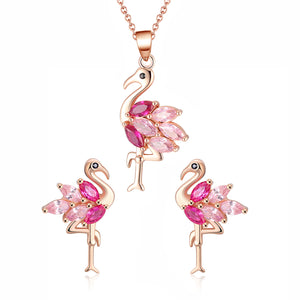 Pink Flamingo Bird Necklace Earrings Set for Women Cz Rose Sterling Ginger Lyne - Set