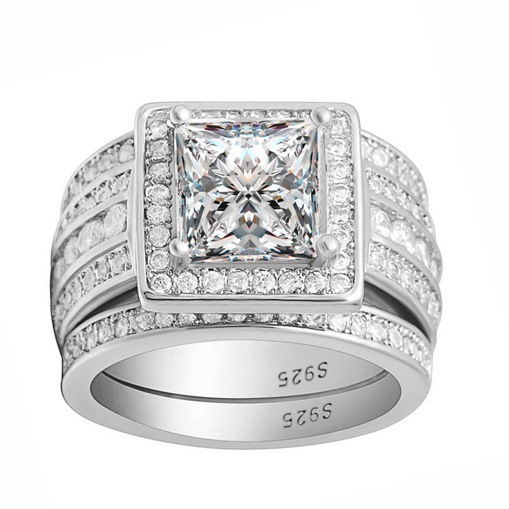 Beverly Bridal Set Halo Sterling Silver Engagement Ring Black Wedding Bands Ginger Lyne Collection - White Gold over Silver,13