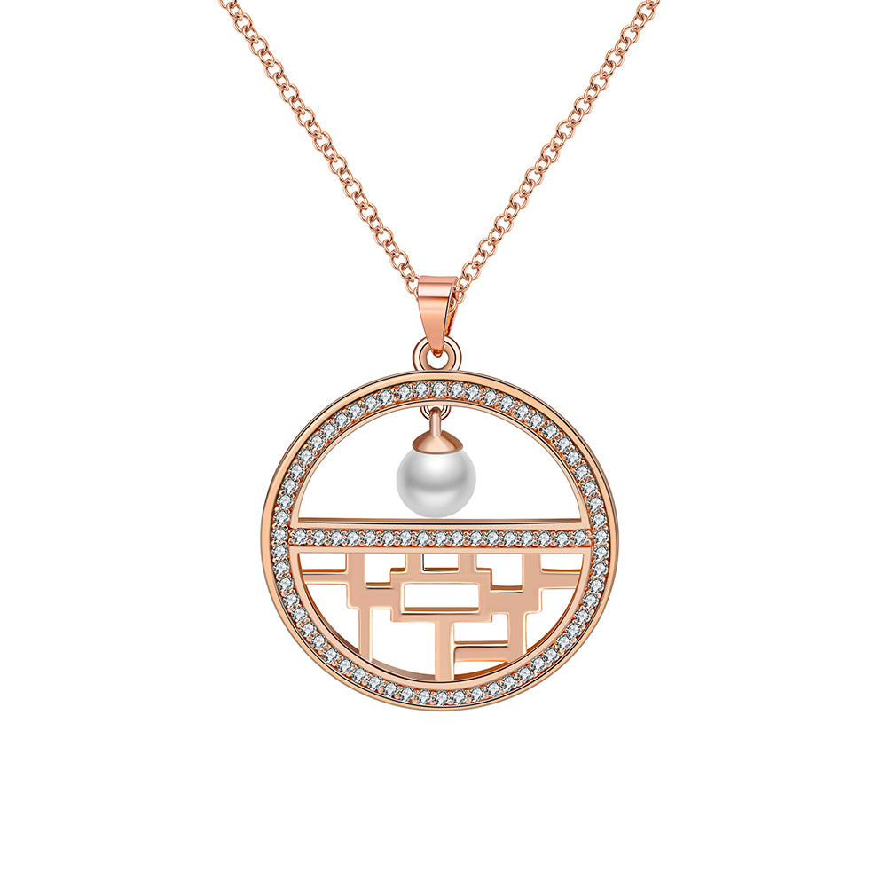 Flower Window Pattern Pendant Necklace for Women Cz Simulated Pearl Ginger Lyne Collection - Rose Gold
