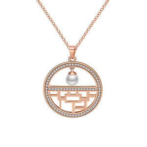 Flower Window Pattern Pendant Necklace for Women Cz Simulated Pearl Ginger Lyne Collection - Rose Gold
